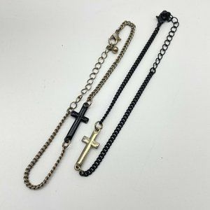 Pair of Cross Bracelets Black & Gold Lot of 2 Womens Chain with Lobster Claw